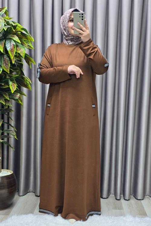 Kadın Tesettür Giyim Büyük Beden Kolu Şeritli Elbise