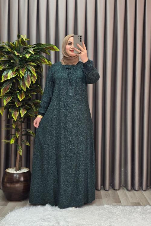 Kadın Tesettür Giyim Büyük Beden Yarım Robalı Çıtır Desen Elbise