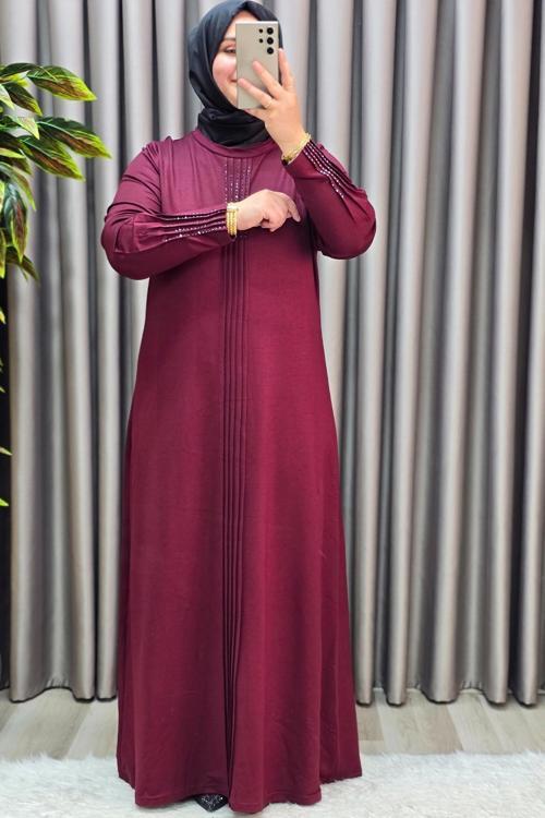 Kadın Giyim Büyük Beden Kolu Nevrür Taşlı Çimalı Elbise 