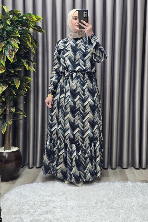 Kadın Tesettür Giyim Büyük Beden Viscon Desenli Elbise