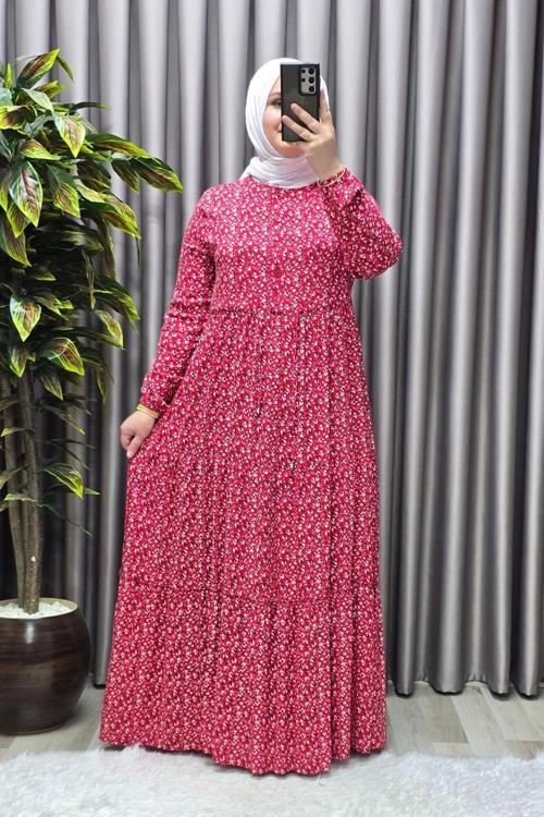 Kadın Tesettür Giyim Yazlık Viscon Üç Katlı Papatya Elbise