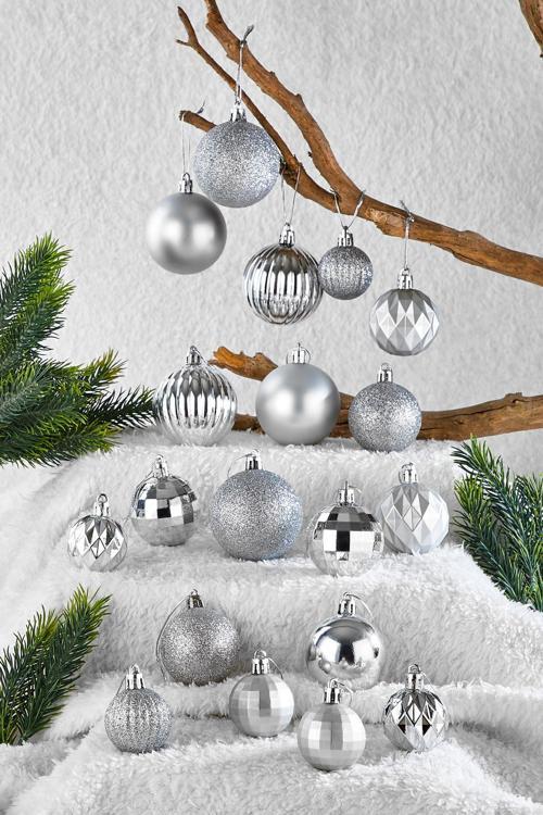 20li Karışık Desenli Yılbaşı Süsü Gümüş Cici Top