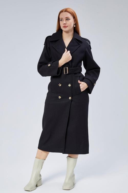 Siyah Regular Apolet Detaylı Kruvaze Kaşe Kaban