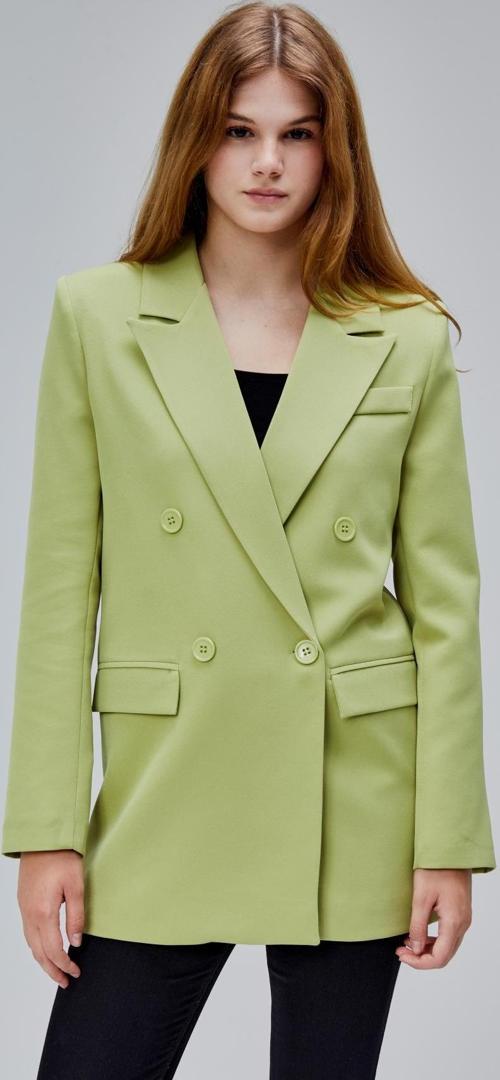 Açık Haki Regular Astarlı Kruvaze Kapama Dokuma Oversize Blazer Ceket