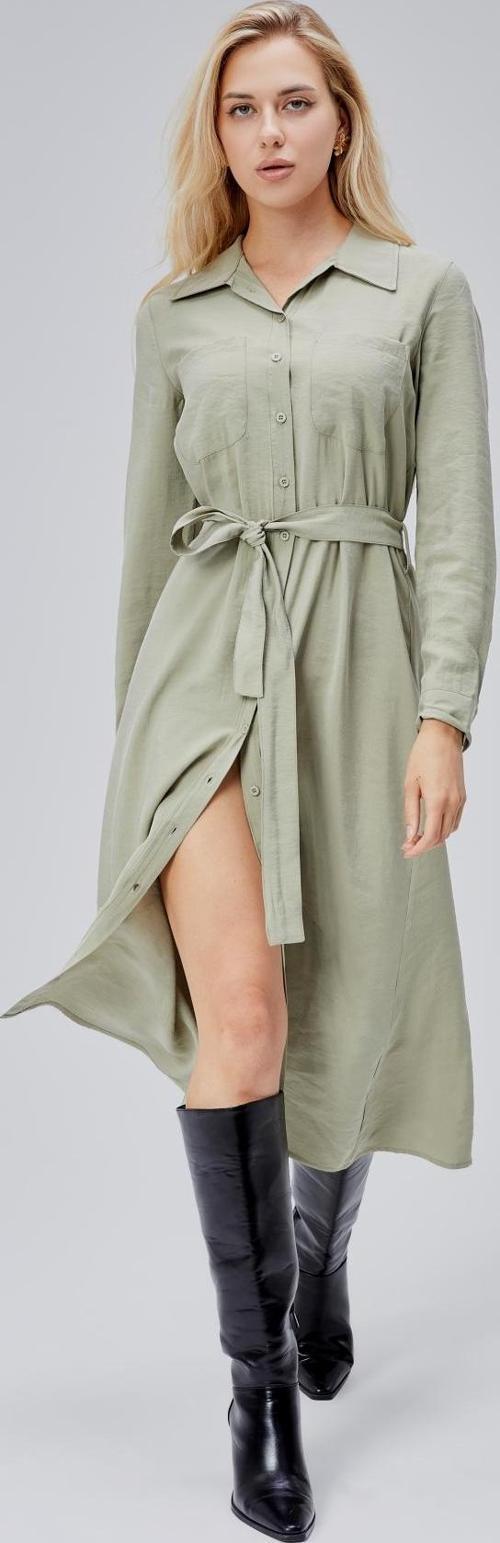Çağla Yeşili Regular Kemerli Gömlek Elbise