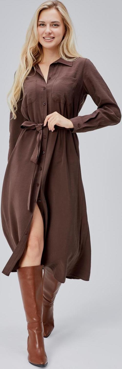 Kahverengi Regular Kemerli Gömlek Elbise