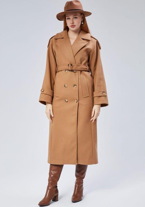 Taba Regular Apolet Detaylı Kruvaze Kaşe Kaban