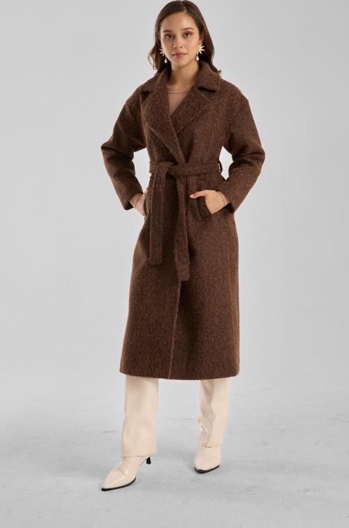 Kahverengi Buklet Kaşe Oversize Kaban