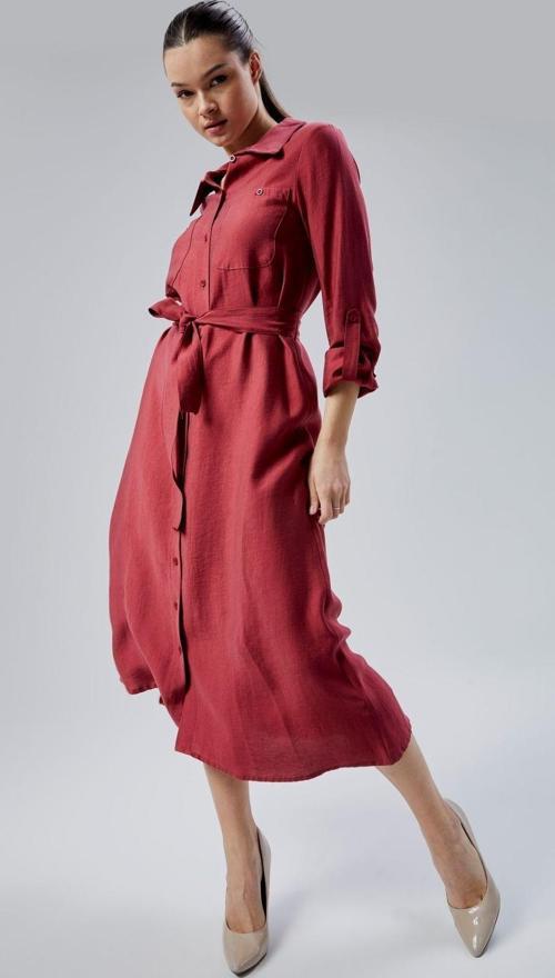 Bordo Regular Fit Kuşak Kemerli Gömlek Elbise
