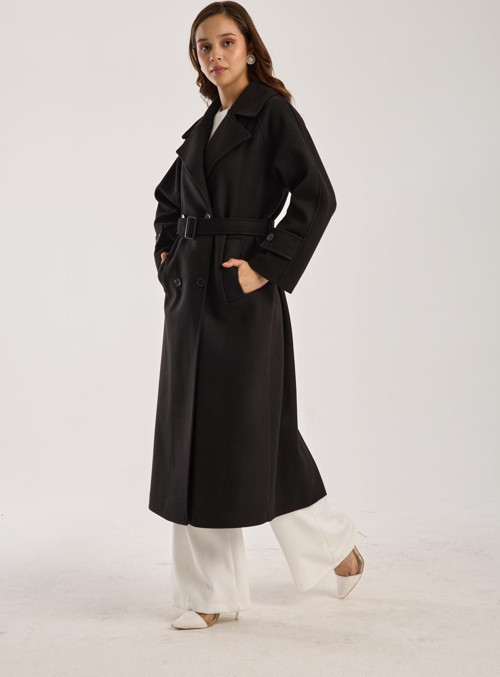 Kuşaklı Oversize Kaşe Kaban