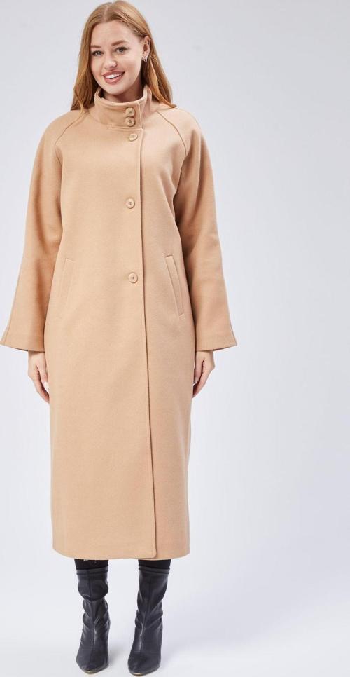 Bej Dik Yaka Oversize Uzun Yünlü Kaşe Kaban