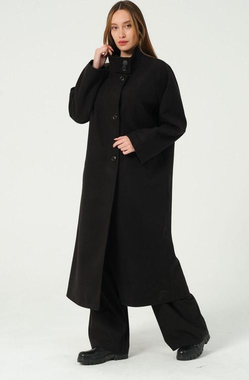 Siyah Dik Yaka Oversize Uzun Yünlü Kaşe Kaban