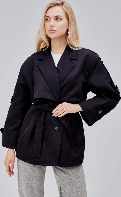 Oversize Siyah Rüzgarlık Detaylı Beli Kuşaklı Trençkot