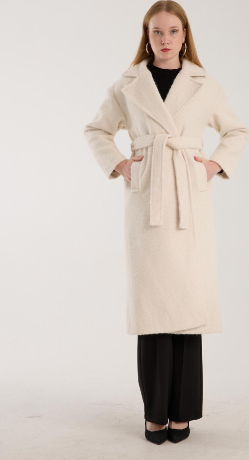 Ekru Buklet Kaşe Oversize Kaban