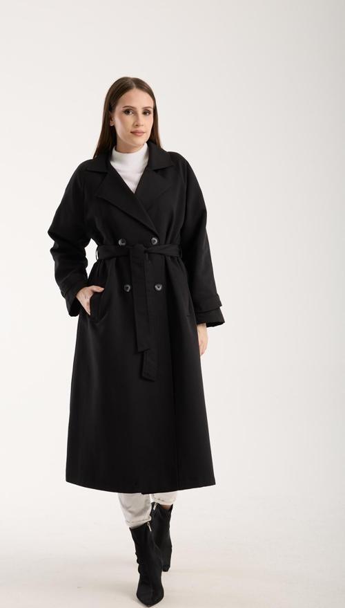 Siyah Kemerli Oversize Astarlı Trençkot 46159