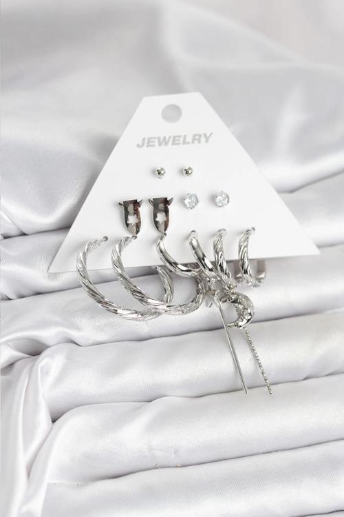 Gümüş Renk Pirinç 6'lı Kadın Küpe Seti