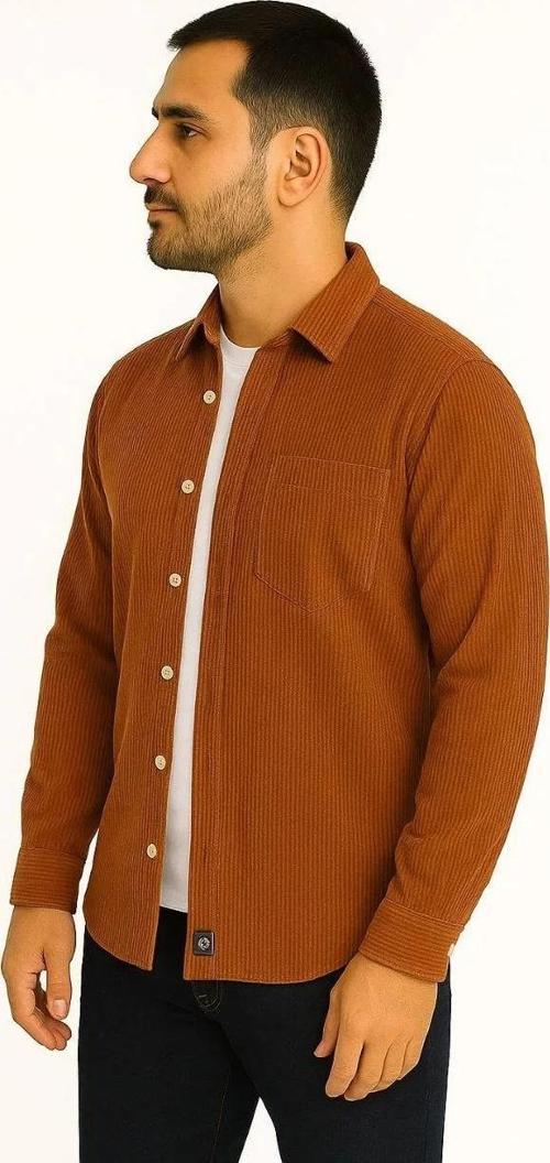 Erkek Fitilli Kadife Cepli Gömlek Oversize Rahat Kalıp - Kahverengi