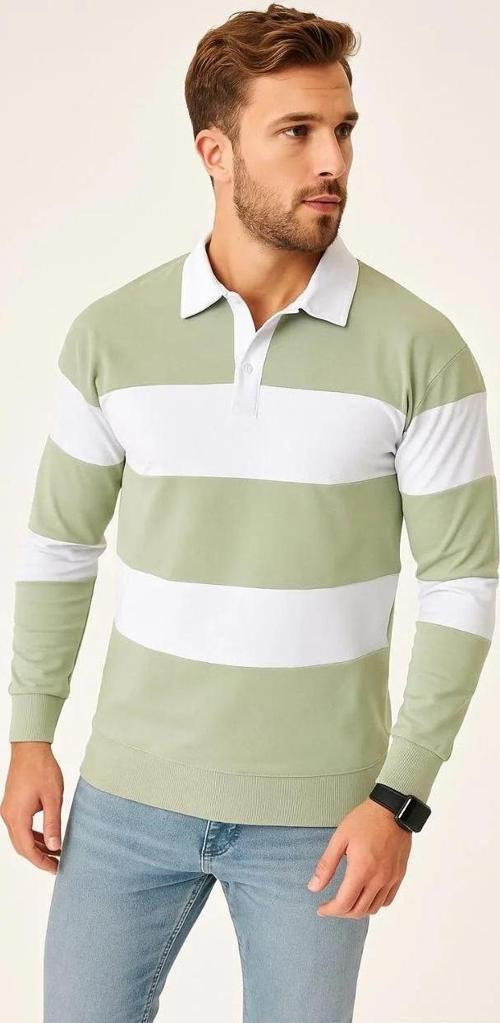 Erkek Polo Yaka Uzun Kollu Çizgili Sweatshirt Trend Rugby Stil - Mint Yeşili