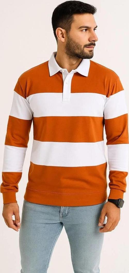 Erkek Polo Yaka Uzun Kollu Çizgili Sweatshirt Trend Rugby Stil - Turuncu