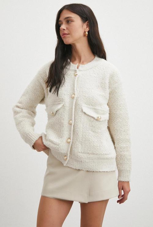 Cepli Düğmeli Simli Hırka Ekru