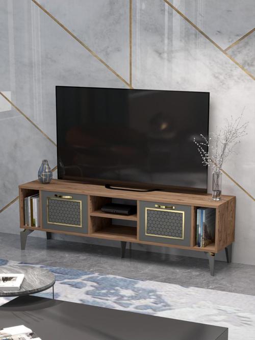 Tv Sehpası Tv Ünitesi Vera Beyaz Gold Çizgili 5052