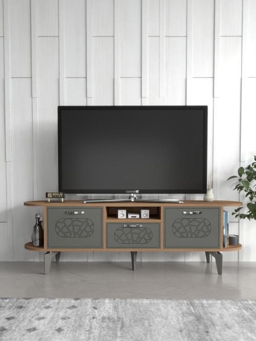 Tv Sehpası Tv Ünitesi Kapaklı Raflı Setro Traverten