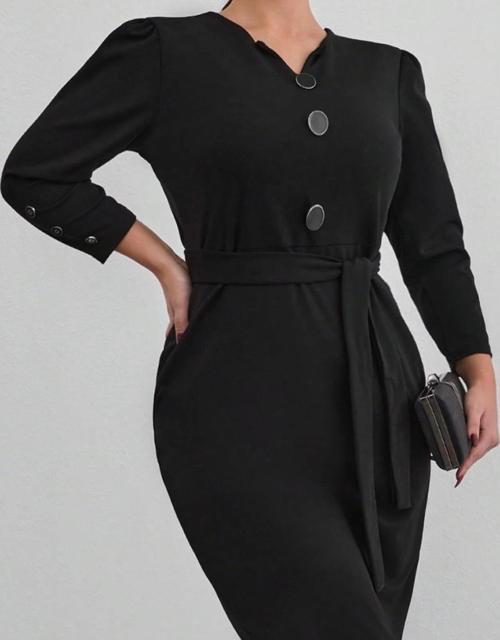 MDB Kadın Uzun Kollu Düğme Detaylı Kendinden Kemerli Ithal Krep Elbise