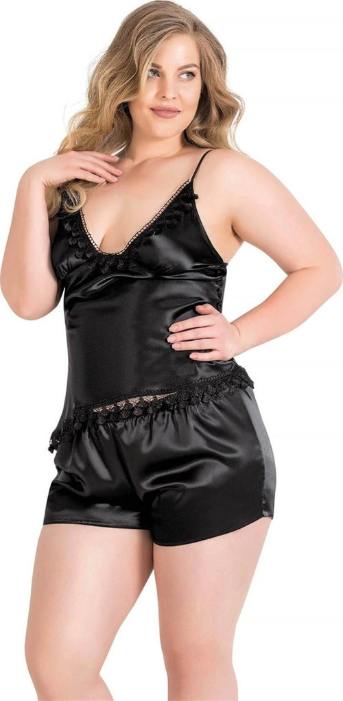 MDB MdbShop Büyük Beden Siyah Saten Babydoll Şort Takımı