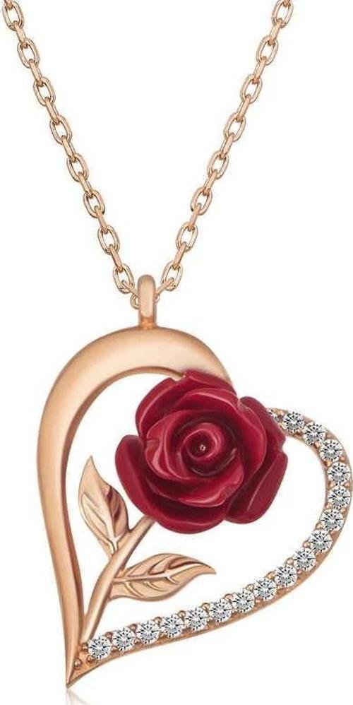 MDB ​Gümüş Rose Kalpli Kırmızı Gül Kadın Kolye