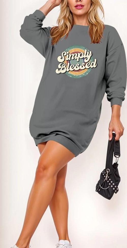 MDB Kadın Uzun Kollu Bisiklet Yaka Yazılı Viskon Iki Iplik Elbise