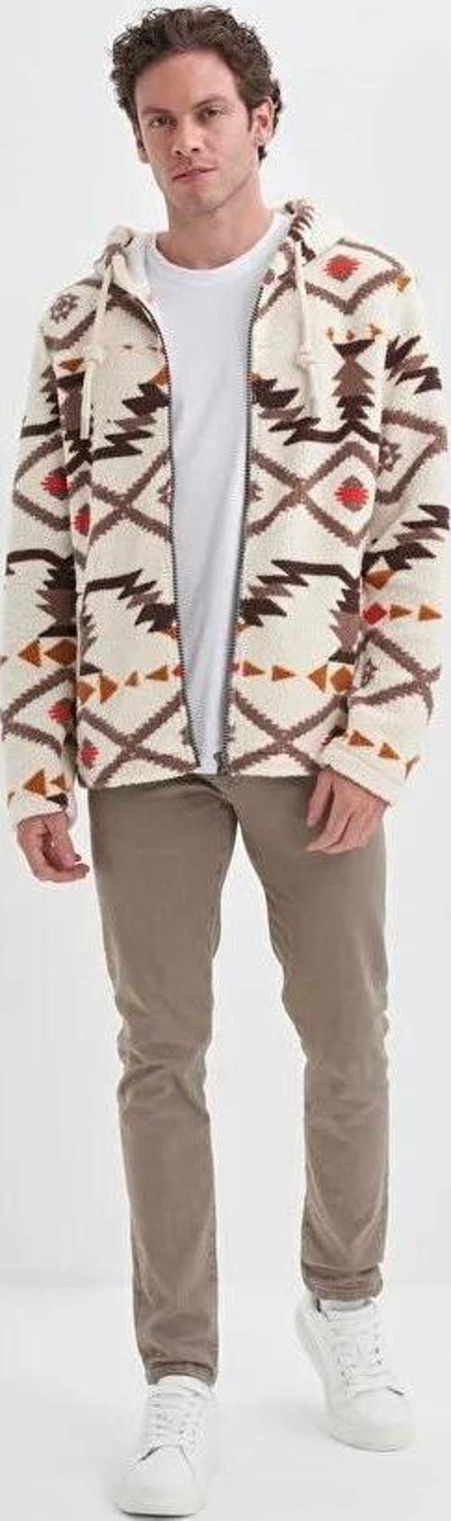 Vintage Desenli Kürklü Regular Fit Kapüşonlu Sweat Hırka-50940