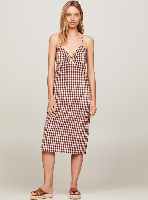 STRETCH GINGHAM STRAP KNEE DRESS