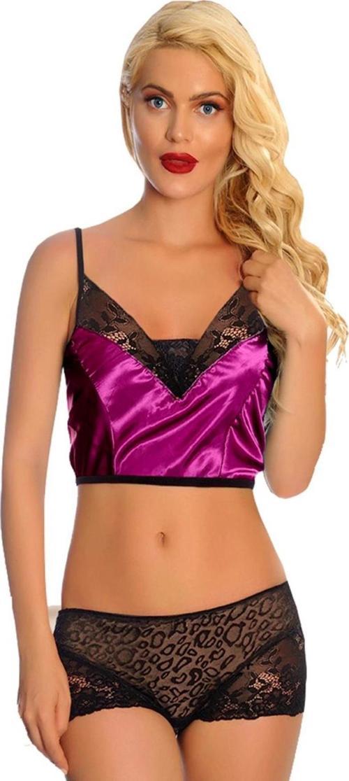 Mor Saten Dantelli Babydoll Şortlu Takım - 287