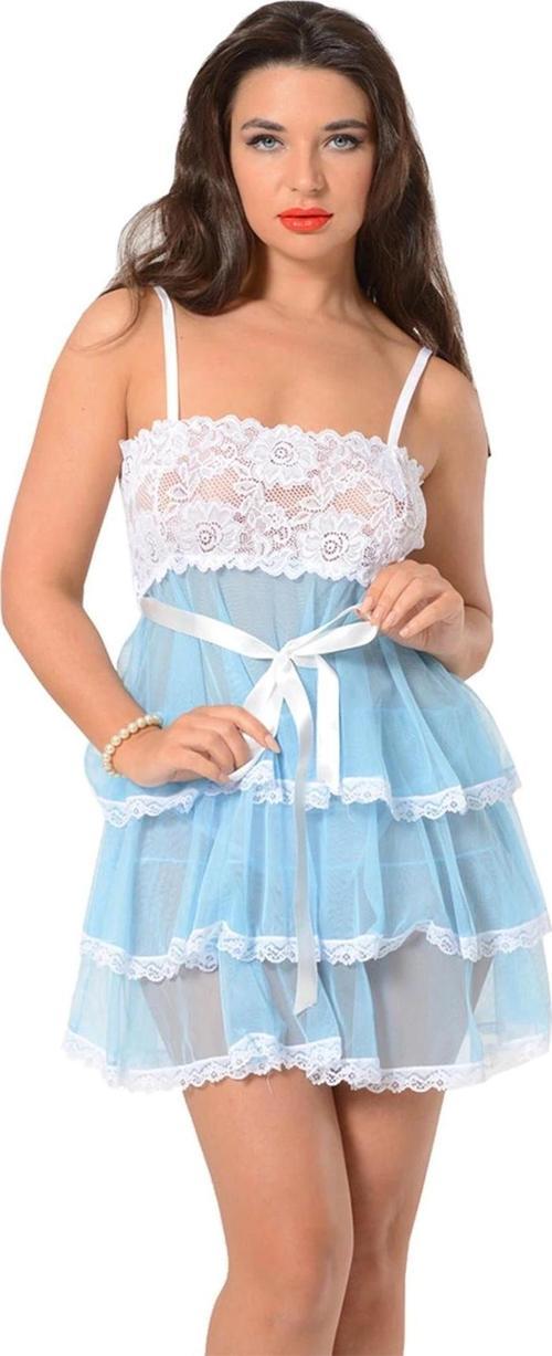 Açık Mavi Beyaz Dantelli Gecelik - 686