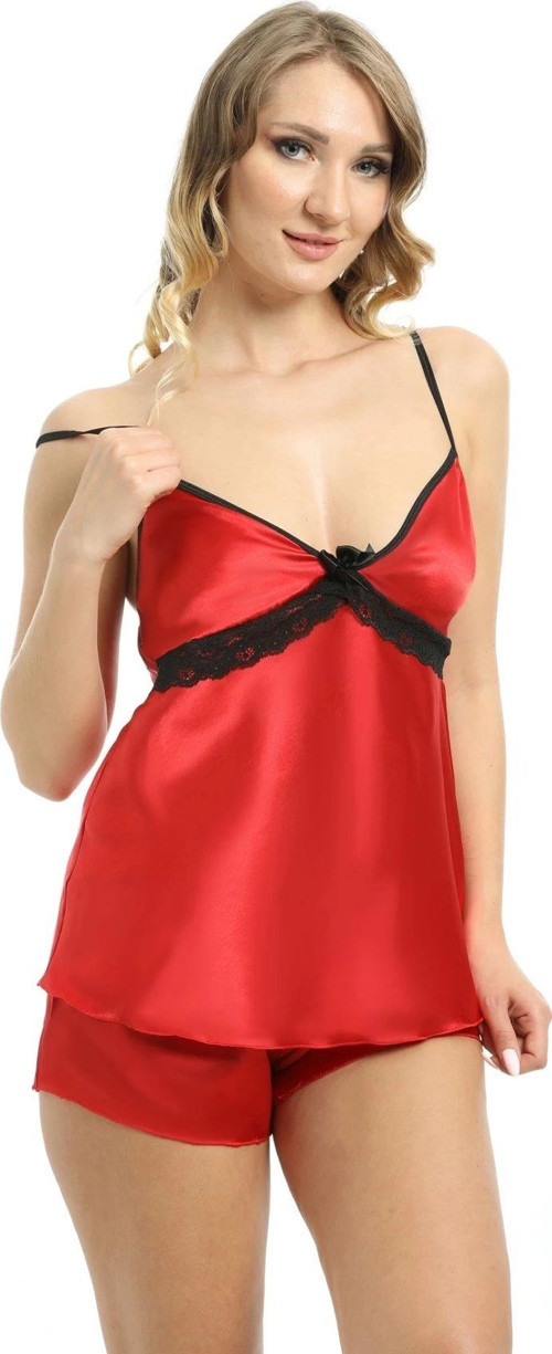 Kırmızı Saten Babydoll Şortlu Takım - 314