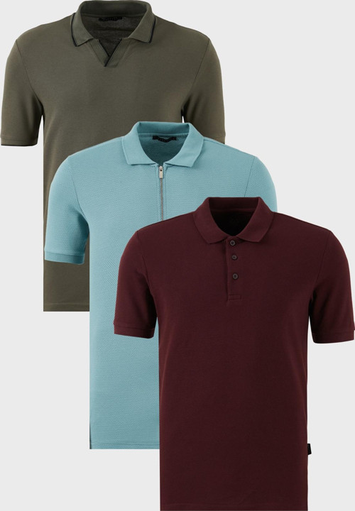 Pamuklu Regular Fit 3'lü Paket Erkek Polo Yaka T Shirt 59029641527S3 Haki-Vişne-Mavi