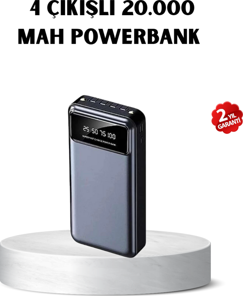 Powerbank 20000 mAh Hızlı Şarjlı LED Fenerli ve 4 Portlu