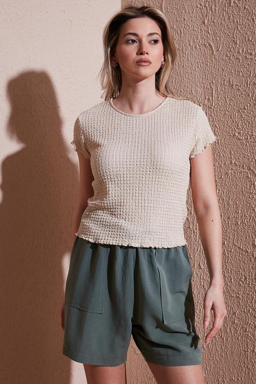 Slim Fit Dokulu Bisiklet Yaka Bayan Bluz 25Y0234K1 BEJ