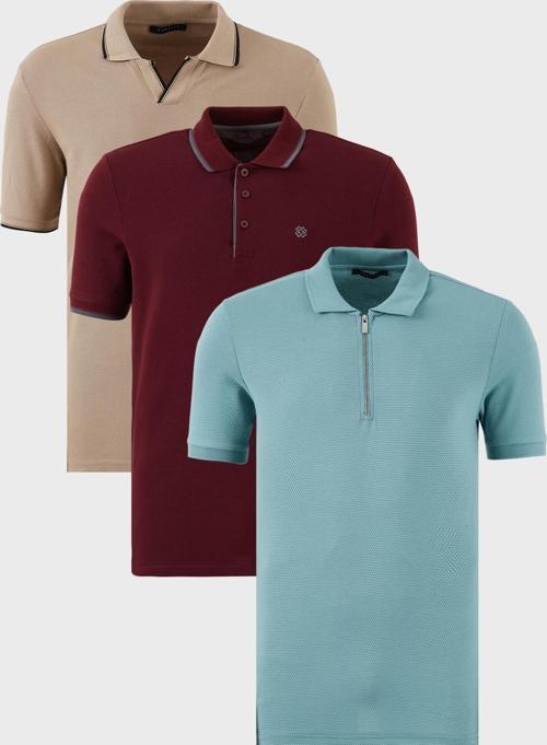 Pamuklu Regular Fit 3'lü Paket Erkek Polo Yaka T Shirt 59029641518S3 Vizon-Vişne-Mavi