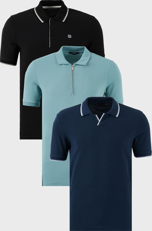 Pamuklu Regular Fit 3'lü Paket Erkek Polo Yaka T Shirt 59029641518S3 İndigo-Siyah-Beyaz-Mavi