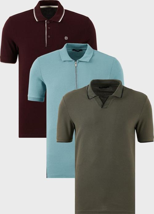 Pamuklu Regular Fit 3'lü Paket Erkek Polo Yaka T Shirt 59029641518S3 Haki-Vişne-Beyaz-Mavi