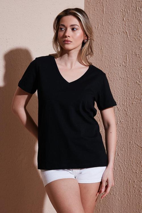 % 100 Pamuk Comfort Fit V Yaka Basic Bayan Bluz 25Y0321K1 SİYAH