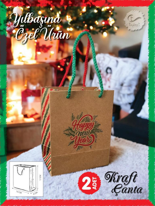Kraft Karton Çanta Yılbaşı Desenli Hediye Paketi Çanta Poşet 2'li 14*17*8cm Happy New Year Baskılı-T876