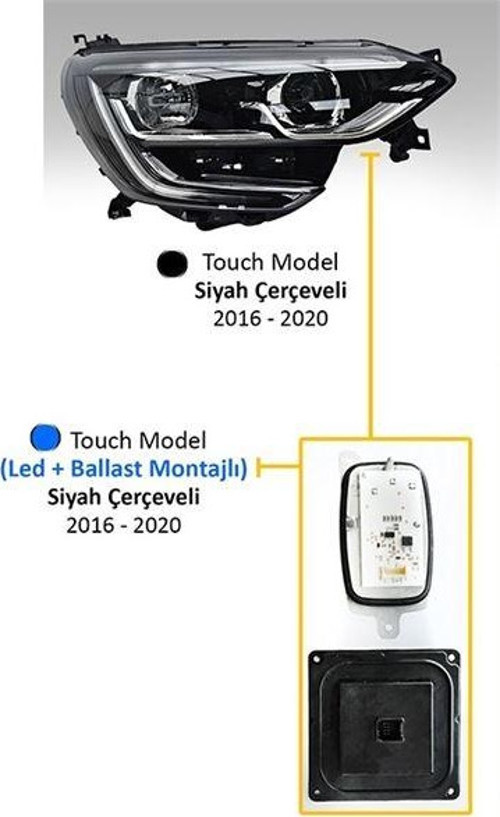 Far Motorlu Sağ Renault Megane Iv 2017- Touch Model Siyah Çerçeveli (Led+Ballast)