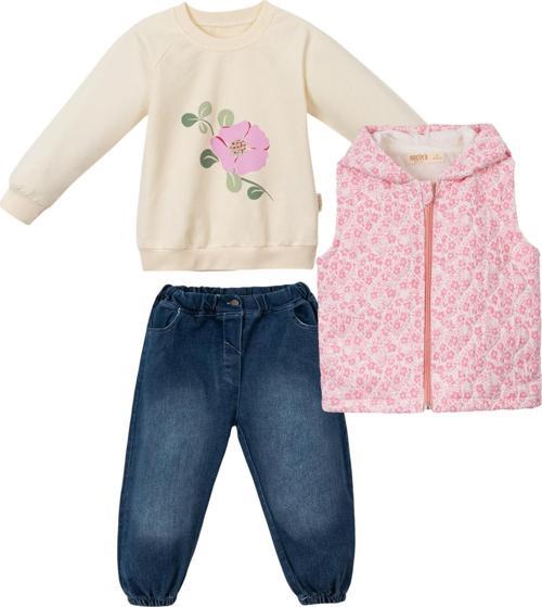 ÇİÇEKLİ KAPİTONE KAPÜŞONLU YELEK DENIM PANTOLON ÜÇLÜ ALT ÜST TAKIM - NEC243272-Pembe-4 - 5 Yaş Pembe