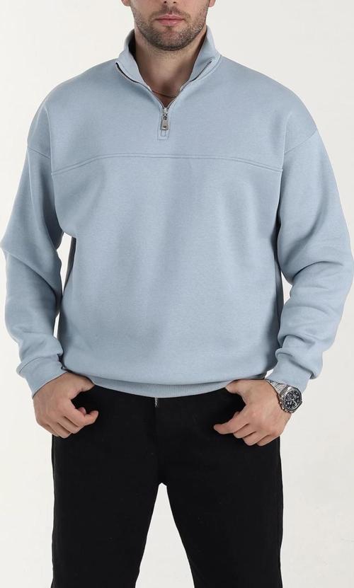 Lowell Bebe Mavisi Yarım Oversize İçi Pamuklu Üç İplik Şardonlu Basic Erkek Sweatshirt