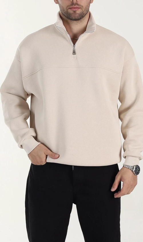 Lowell Bej Yarım Oversize İçi Pamuklu Üç İplik Şardonlu Basic Erkek Sweatshirt