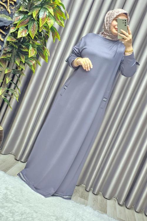 Kadın Tesettür Giyim Büyük Beden Kolu Şeritli Elbise 