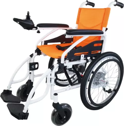 Poylin P200C Katlanabilir Çocuk Akülü Tekerlekli Sandalye Turuncu | Katlanabilir Çelik Gövde, Elektromanyetik Fren, 120 kg Kapasite