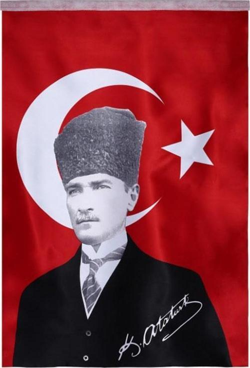 Türk Bayrağı Kalpaklı Atatürk Posterli Saten Türk Bayrağı K.Atatürk İmzalı Türk Bayrağı 70x100